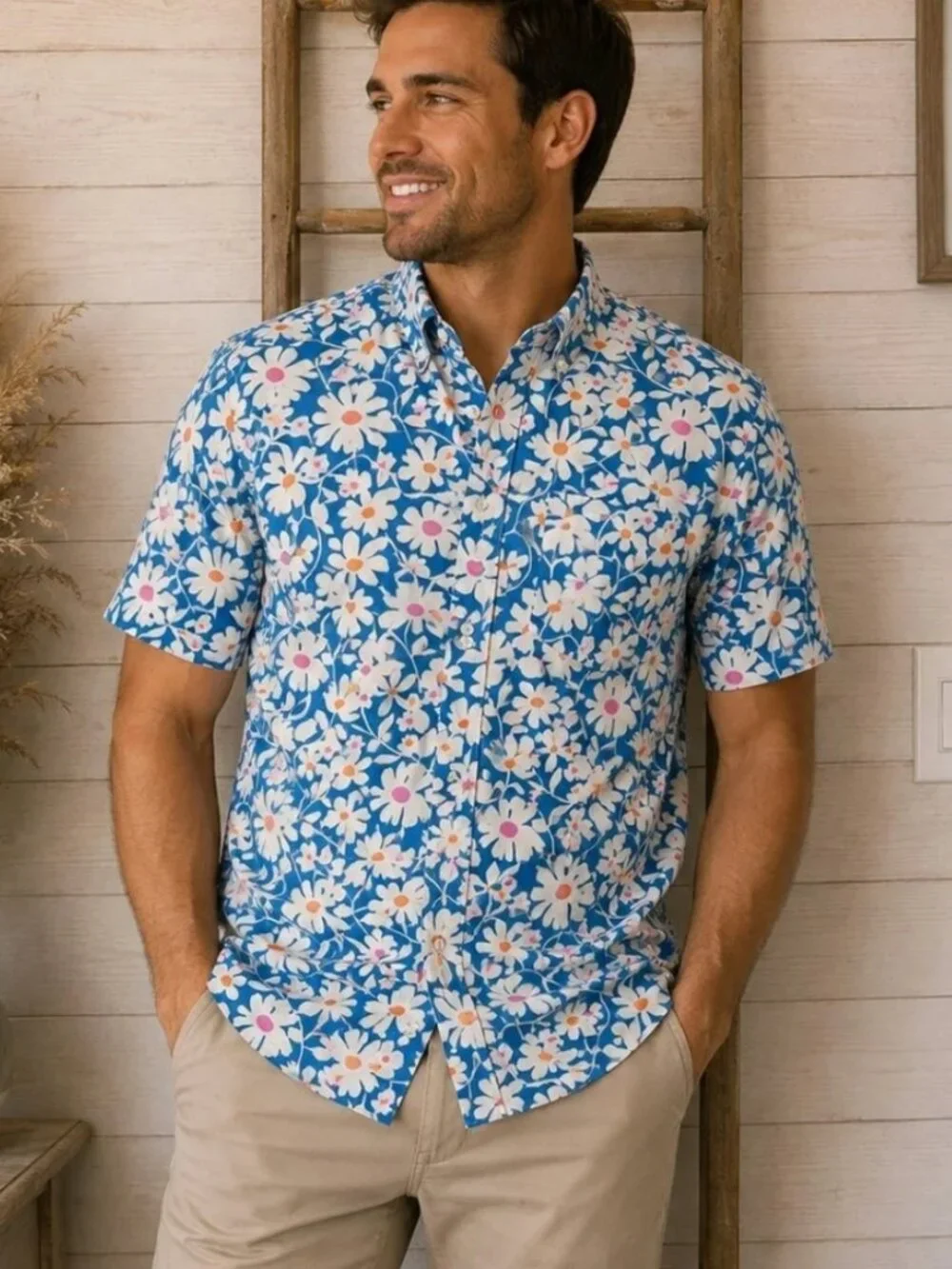 J. .Crew Flex Washed Blue Floral Short Sleeve Button-Up Shirt Extra Large